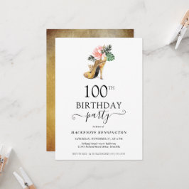 Convite Elegante Floral Dourado Alto Salto 100º Aniversári