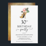 Convite Elegante Floral Dourado aniversário de 30 anos de<br><div class="desc">Convite de festas de aniversário de 30 anos de alto salto Dourado Tropical Floral Dourada moderna Elegante, apresentando o nosso glamoroso brilho de ouro amarelo brilhante, cercado por flores tropicais cor-de-rosa e verde. O fundo é uma luxuosa lavagem de ouro a aquarela. Fácil de personalizar com suas informações para um...</div>