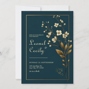Convite Elegante Floral Dourado Casamento Azul Marinho