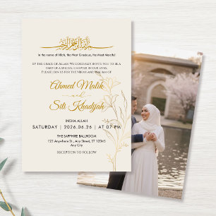 Convite Elegante Floral Dourado Casamento Islâmico Nikah &