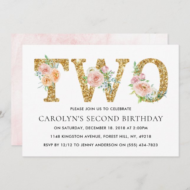 Convite Elegante Floral Dourado Glitter Dois segundos aniv (Frente/Verso)
