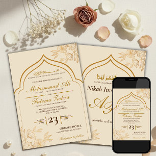 Convite Elegante Floral Dourado Masjid Casamento Muçulmano