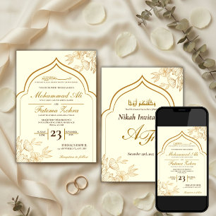 Convite Elegante Floral Dourado Masjid Casamento Muçulmano