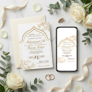 Convite Elegante Floral Dourado Masjid Casamento Muçulmano