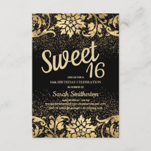 Convite Elegante Floral Dourado Preto Brilho Sweet 16