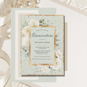 Convite Elegante Floral Dourado Sage Moderno Quinceañera