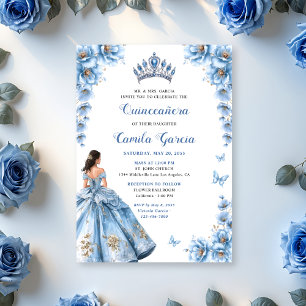 Convite Elegante Floral Dusty Blue Princess Quinceañera