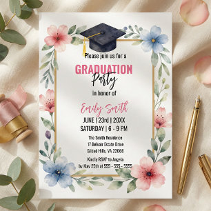 Convite Elegante Floral em Aquarela Rosa Azul Graduação