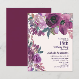 Convite Elegante Floral em Aquarela Roxa para Aniversário 
