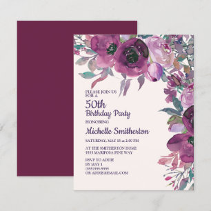 Convite Elegante Floral em Aquarela Roxa para Aniversário