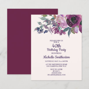 Convite Elegante Floral em Aquarela Roxa para Aniversário 
