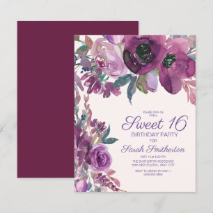 Convite Elegante Floral em Aquarela Roxo para Meninas de 1