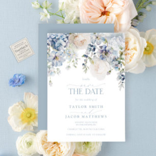 Convite Elegante Floral em Azul Desbotado em Aquarela para