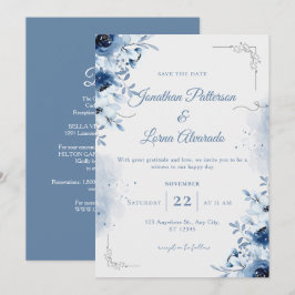 Convite Elegante Floral em Azul Poeira com Aquarela em Azu