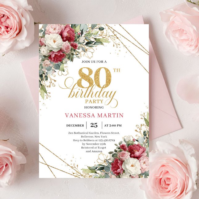 Convite elegante floral em tons de borgonha para 8 (Burgundy blush floral elegant gold design 80 birthday invitation

)