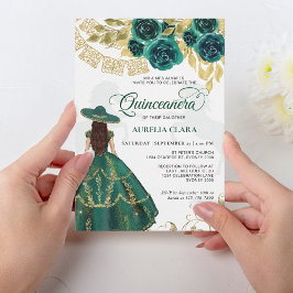Convite Elegante Floral Emerald Green Horse Quinceañera