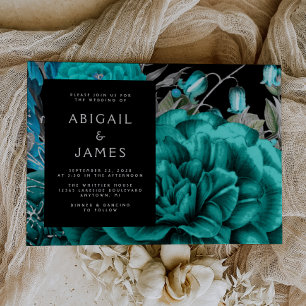 Convite Elegante Floral Escuro Mal-humorado Teal Casamento
