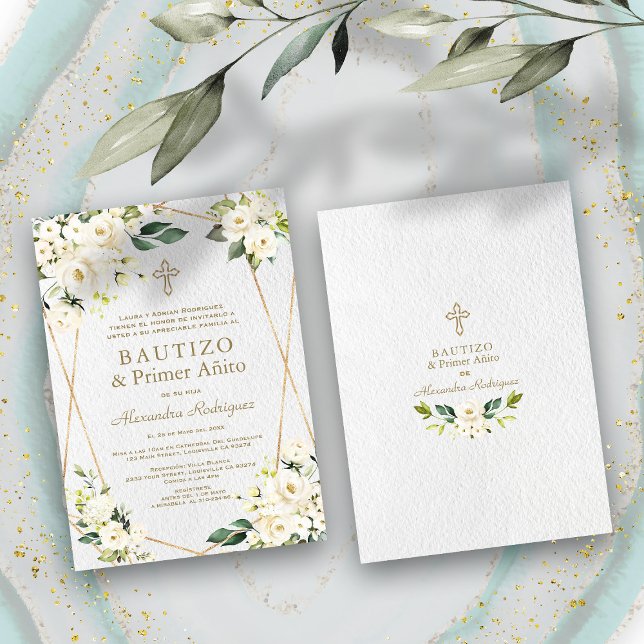 Convite Elegante Floral Espanhola Branco 1º Aniversário Ba (Criador carregado)