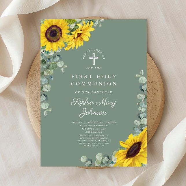 Convite Elegante Floral Eucalyptus Primeira Comunhão (Elegant Floral Eucalyptus First Communion Invitation)