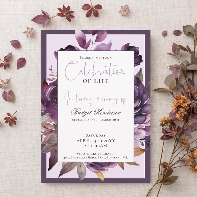 Convite Elegante Floral Funeral Roxo Ameixa (Criador carregado)