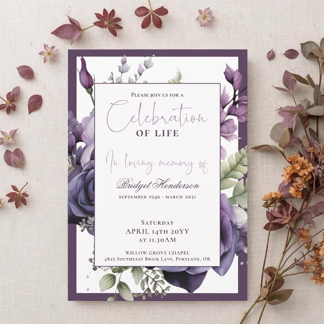 Convite Elegante Floral Funerário Roxo Ameixa (Criador carregado)