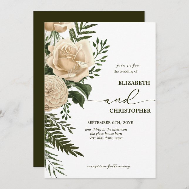 Convite Elegante Floral Greenery e Buquês de Creme Casamen (Frente/Verso)