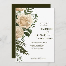 Convite Elegante Floral Greenery e Buquês de Creme Casamen
