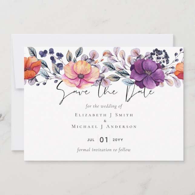 Convite Elegante Floral Laranja Roxo Casamento (Frente)