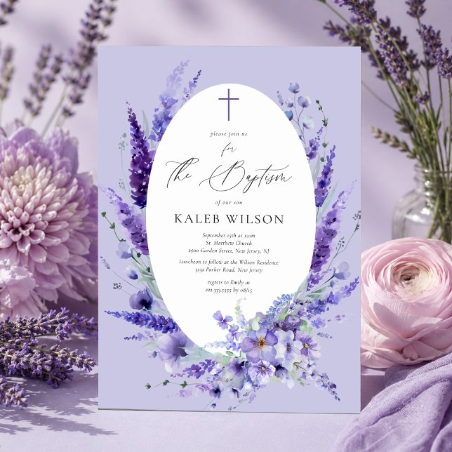 Convite Elegante Floral Lavanda Batismo (Criador carregado)