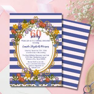 Convite Elegante Floral Listrado Azul Marinho de Aniversár