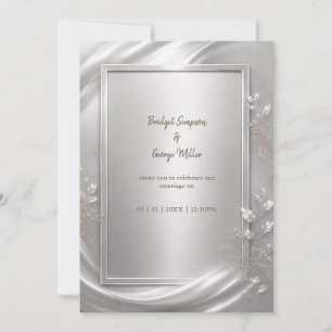 Convite Elegante Floral Metálico Prata Brilho de Casamento