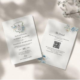 Convite Elegante Floral Monograma Crista Azul Poeirento Ca