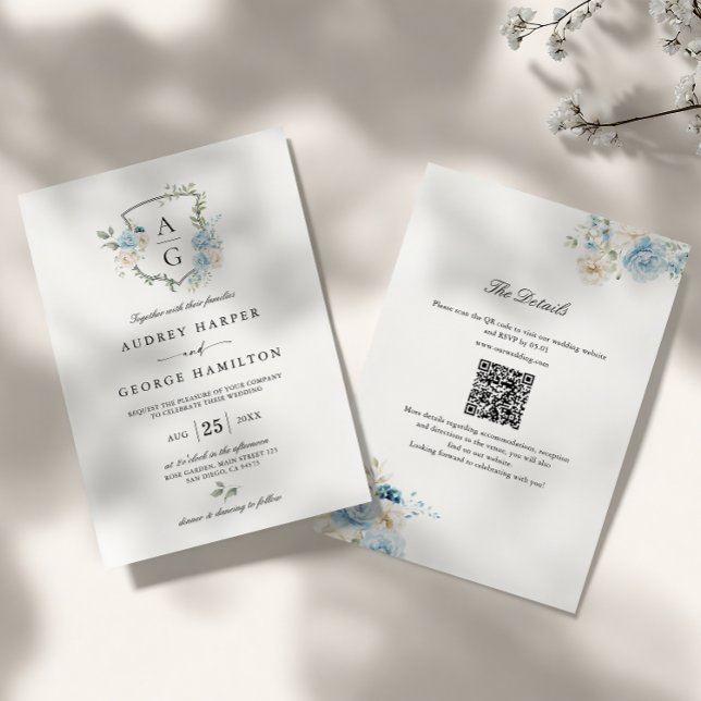 Convite Elegante Floral Monograma Crista Azul Poeirento Ca (Criador carregado)