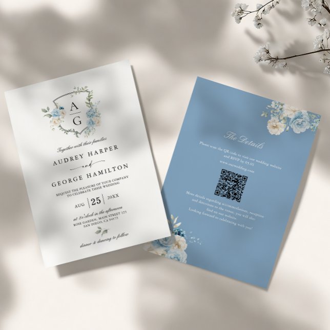 Convite Elegante Floral Monograma Crista Azul Poeirento Ca (Criador carregado)