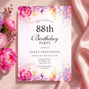 Convite Elegante Floral Pastel Aguarela Chic 88º Aniversár
