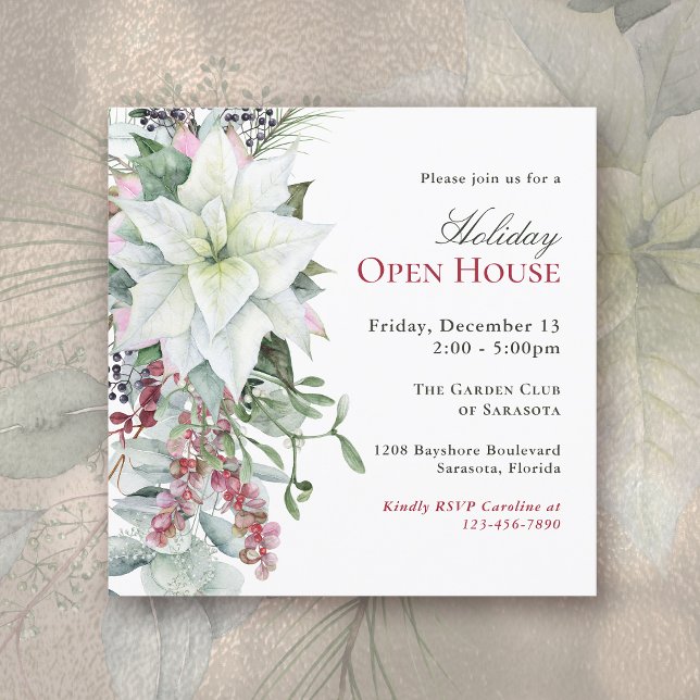 Convite Elegante Floral Poinsettia Holiday Open House (Available in both printed and instant download digital formats.)