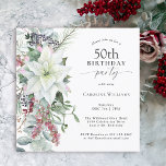 Convite Elegante Floral Poinsettia Winter 50th Birthday<br><div class="desc">Com todas as vibrações festivas da época de Natal, este feriado de inverno, chamado design de 50ª festa de aniversário, apresenta um belo buquê em cascata de poinsetos brancos de aquarela e elementos florais vermelhos e verdes em um fundo branco limpo. Você pode editar a idade para qualquer idade, se...</div>