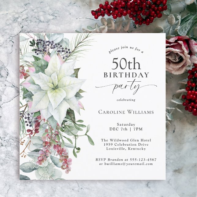 Convite Elegante Floral Poinsettia Winter 50th Birthday (Available in both printed and instant download digital formats.)
