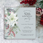Convite Elegante Floral Poinsettia Winter 50th Birthday<br><div class="desc">Com todas as vibrações festivas da época de Natal, este feriado de inverno, chamado design de 50ª festa de aniversário, apresenta um belo buquê em cascata de poinsetos brancos de aquarela e elementos florais vermelhos e verdes em um fundo azul empoeirado. Você pode editar a idade para qualquer idade, se...</div>