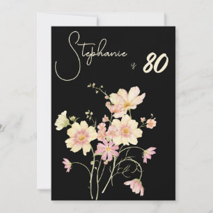 Convite Elegante Floral Preto 80º Aniversário Folha Doura