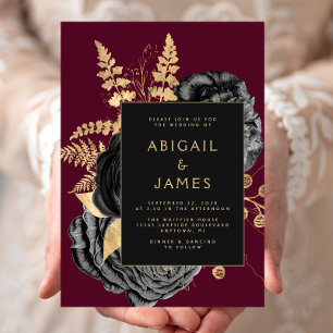 Convite Elegante Floral Preto Dourado Borgonha Casamento