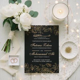 Convite Elegante Floral Preto Dourado Casamento Islâmico N