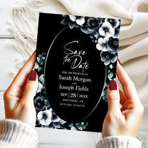 Convite Elegante Floral Preto e Branco Salve a Data
