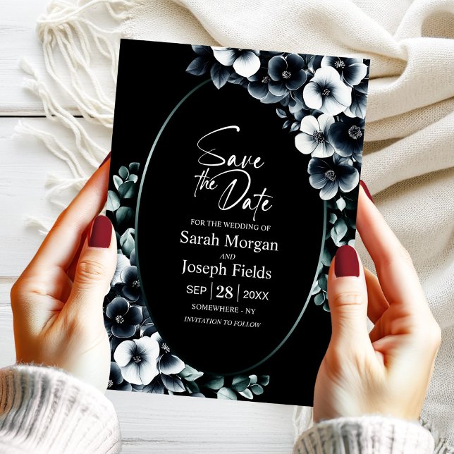 Convite Elegante Floral Preto e Branco Salve a Data (Criador carregado)