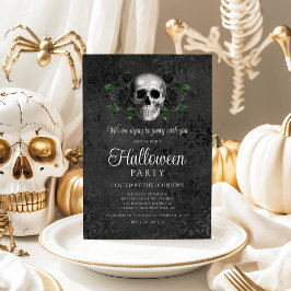 Convite Elegante Floral Preto Gótico Halloween Caveira