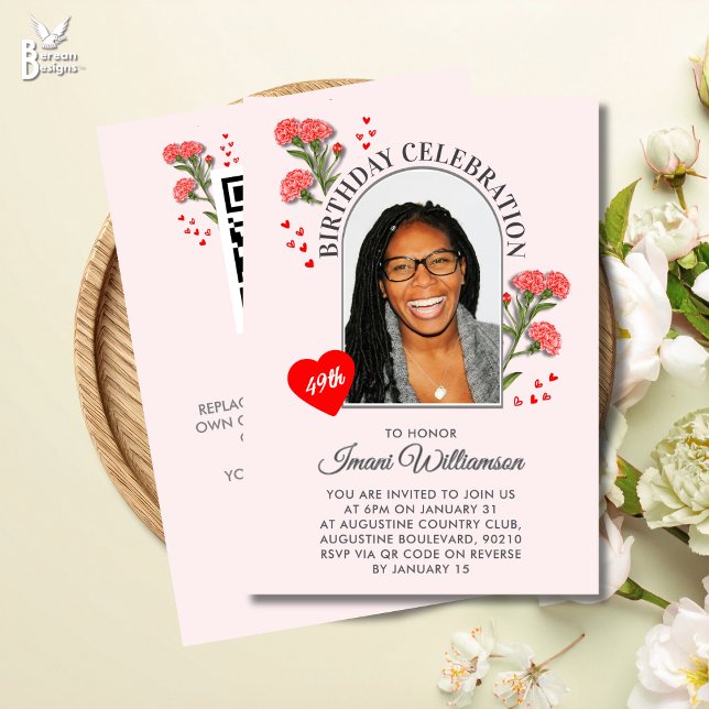 Convite Elegante Floral QUALQUER IDADE Foto ANIVERSÁRIO DE (JANUARY birth month flower birthday invitation with customizable photo and text)