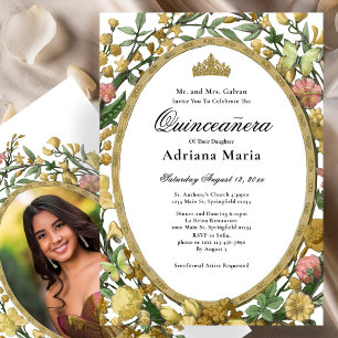 Convite Elegante Floral Quinceanera Amarelo Dourad
