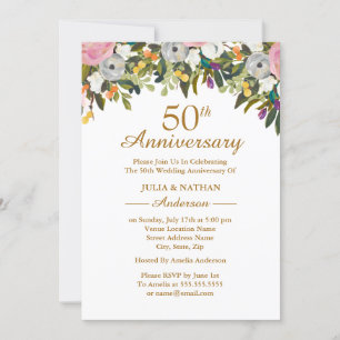 Convite Elegante Floral Rosa 50º Aniversário de Casamento