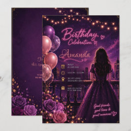Convite Elegante Floral Rosa Aniversário de 16 anos