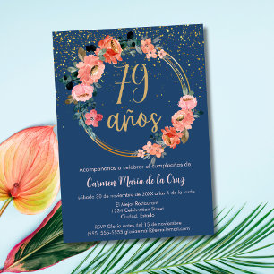 Convite Elegante Floral Rosa Azul Espanhol Aniversário de 